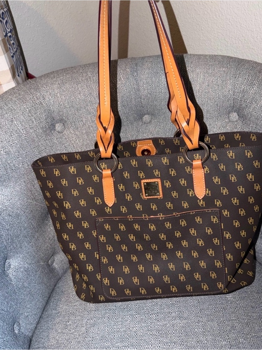Dooney & Bourke Brown Monogram Tote with Tan Braided Handles